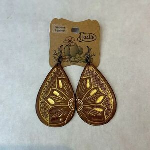 NEW Justin Leather Earrings Southwest Western Brown Flower Floral Gold Tone